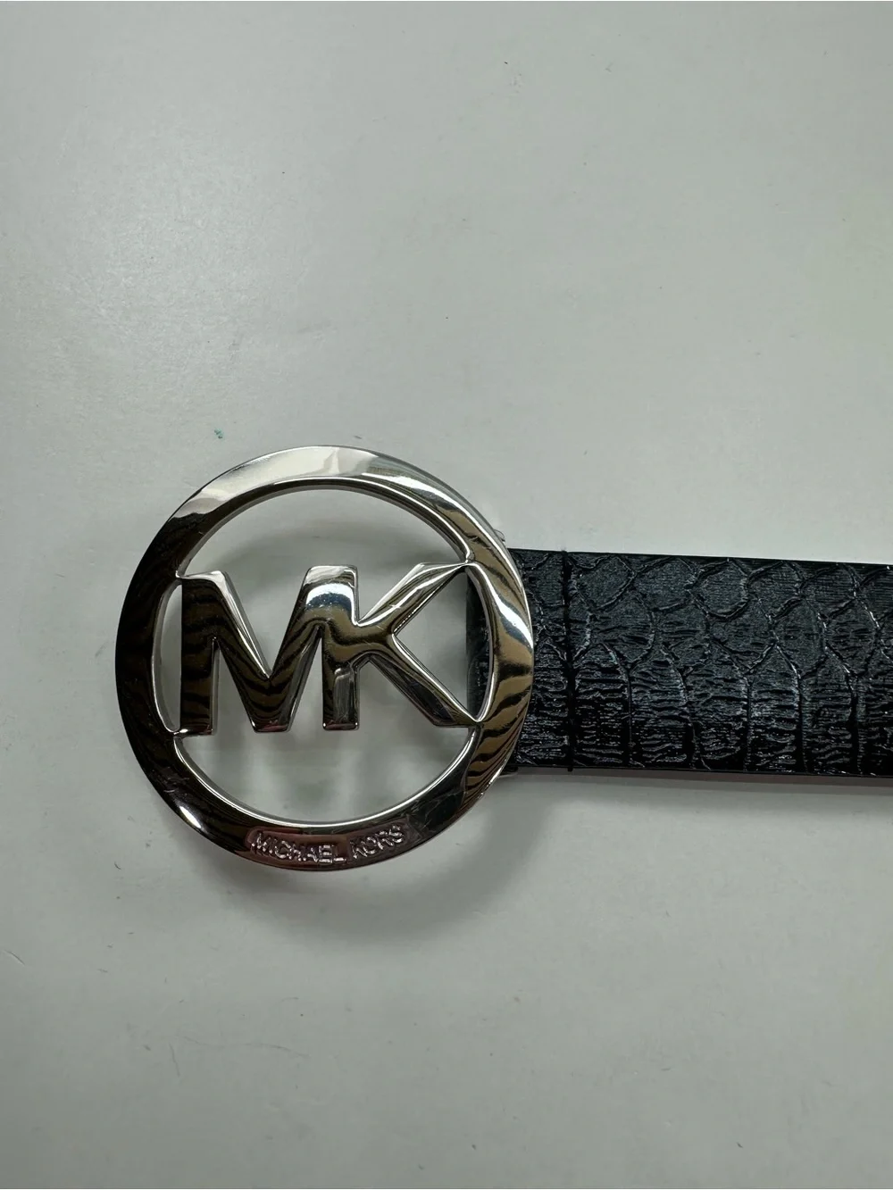 Michael Kors Black Croc-Embossed Belt with Silver MK Circle Buckle